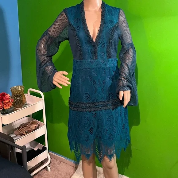 NWT $195 foxiedox | Gloria | Lace Dress with Sheer Arms in Sapphire & Teal Black - Picture 6 of 16